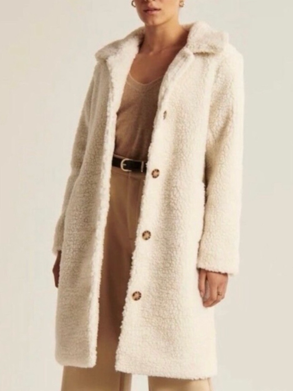 Abercrombie & Fitch Women’s Classic Cream Teddy Coat -Long Faux Shearling Jacket
